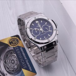 تصویر ساعت مردانه بنداستیل برند هابلوت Hublot نقره ای صفحه آبی سه موتور فعال 