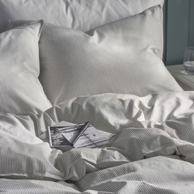 تصویر روکش لحاف و 2 عدد روبالشی ایکیا مدل BERGPALM راه راه طوسی BERGPALM Duvet cover and 2 pillowcase, grey/stripe,