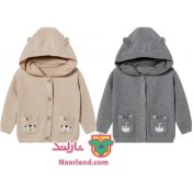 تصویر سویشرت بافت کلاهدار نوزادی لوپیلو خاکستری کرم طرح گوشدار 