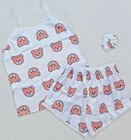 تصویر جدیدترین طرح ست تاپ شورتک زنانه ساتن طرح خرسی The newest design Women's tank top shorts set satin Bear design