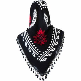 تصویر روسری سنتی کردستان نخی گل قرمز منگوله ی مشکی 1.5 متری 