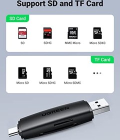 تصویر کارت خوان UGREEN USB C، کارت خوان USB 3.0 USB نوع C SD TF آداپتور کارت حافظه OTG دو اسلات برای SD، Micro SD، SDHC، SDXC، کارت MMC سازگار با Galaxy، iPad Pro 2021، Surface Pro، رایانه - ارسال 20 روز کاری 