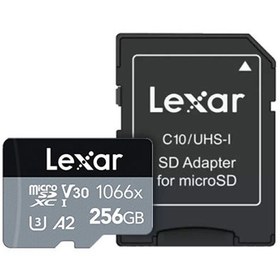 تصویر کارت حافظه microSDXC لکسار مدل 1066X کلاس A2 استاندارد UHS-U3 سرعت 160MBps ظرفیت 256 گیگابایت به همراه آداپتور SD 