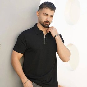 تصویر تیشرت مردانه بیسکویتی نیم زیپ رنگ مشکی Biscuit mens t-shirt with half zip black color