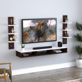 تصویر میز تلویزیون دیواری همراه شلف جنس(ام دی اف خارجی ضدخش و مقاوم) در دو مدل براق و مات رنگبندی و سایز بندی قابل تغییر است 
