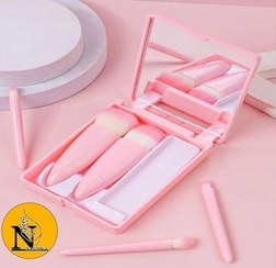 تصویر ست ۵ عددی براش آرایشی قابل حمل همراه با آینه - سرخابی 5pcs Portable Makeup Brush Set
