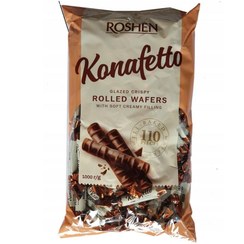 تصویر ویفر رولی روشن Konafetto با روکش شکلاتی و مغزی نرم وزن ۱۰۰۰ گرم اورجینال (واردات قانونی ارسال از منطقه آزاد ارس) 