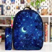 تصویر کوله پشتی طرح ماه بنفش و جامدادی 