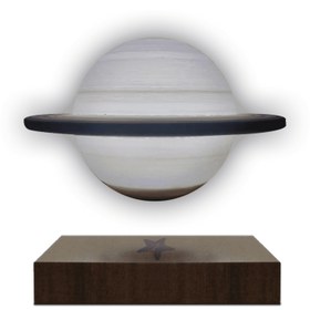 تصویر چراغ خواب کره زحل معلق با پایه چوبی Suspended Saturn lamp with wooden base