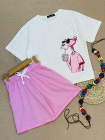 تصویر ست تیشرت و شورتک پلنگ صورتی 