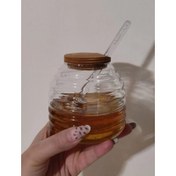 تصویر عسل خوری شیشه ای درب چوبی 