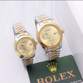 تصویر ست ساعت مردانه و زنانه بند استیل برند Rolex طرح اتومات بند طلایی نقره ای صفحه طلایی 