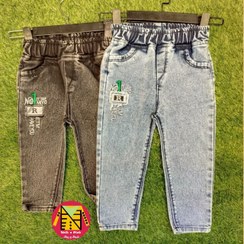 تصویر شلوار لی پسرانه کمرکش طرح گلدوزی رنگ آبی و ذغالی 