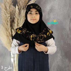 تصویر مقنعه چیندار دخترانه کرپ حریر زرد مشکی طرح 3 کد 3002 