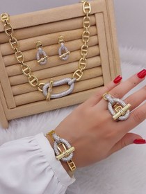 تصویر ست دستبند و انگشتر هرمس استیل با نگین مخراجکاری شده 