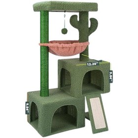 تصویر اسکرچر، لانه و درخت گربه مدل کاکتوس برند ایران کت رنگ سبز Cactus Cat Tree Cat Tower with Twin Cat Condos for Indoor Cats