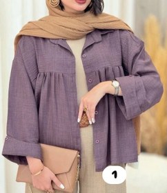 تصویر شومیز زنانه یقه مردونه جلودگمه عروسکی روی سینه چیندار - رنگ 2 / شانتون نرم و لطیف / قد 62 دورسینه 120 قدآستین 37 از یقه 60 