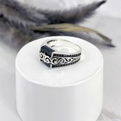 تصویر انگشتر نقره مردانه مدل مارپیچ عقیق مشکی 