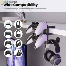 تصویر استند و پایه نگهدارنده هدست/هدفون و دسته بازی مدل Under Desk Design Headset / Headphone Hanger Hook Holder with Controller Stand 