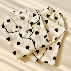 تصویر ست بلوز و شلوار آستین بلند نخ موسلین طرح قلب مشکی- کد N10 