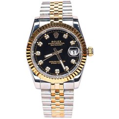 تصویر ساعت مچی مردانه رولکس دیت جاست دورنگ طلایی نقره ای صفحه مشکی 