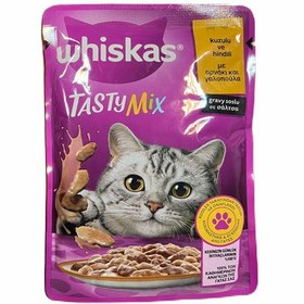 تصویر پوچ گربه ویسکاس با طعم بره و بوقلمون در سس مدل Whiskas Tasty Mix with Lamb &amp; Turkey وزن 85 گرم 