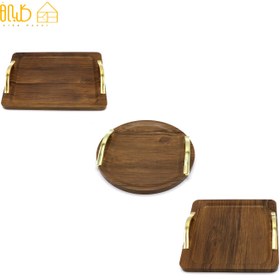 تصویر سینی پذیرایی چوبی وکیوم با دستگیره طلایی و در سه طرح گرد، مربع و مستطیل 