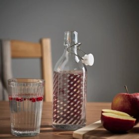 تصویر بطری با درپوش شیشه ای شفاف/راه راه قرمز-قهوه ای ایکیا 0.5 لیتر IKEA KORKEN IKEA KORKEN bottle with stopper clear glass striped/brown-red .05 L