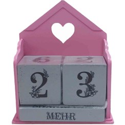 تصویر تقویم چوبی رومیزی مدل مکعبی انزی تاج قلبی – صورتی 