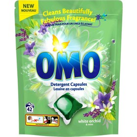 تصویر قرص ماشین لباسشویی اومو OMO با رایحه گل ارکیده سفید و نعنا بسته (42 عددی) OMO washing machine tablets with the scent of white orchid and mint (42 pieces)