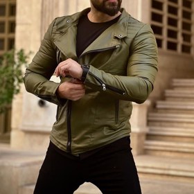 تصویر Men's jade green leather jacket with slanted zipper - new and with warranty 