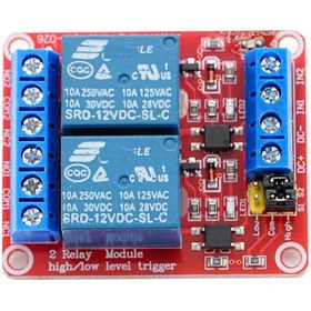 تصویر ماژول رله 2 کانال 12 ولت (برد قرمز) با ورودی اپتوکوپلر 