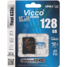 تصویر کارت حافظه ویکومن مدل Vicco Man Final 633x U3 100MB/s حافظه 128 گیگابایت به همراه آداپتور SD ا Vicco Man Final 633x U3 100MB/s 128GB with SD Adaptor Vicco Man Final 633x U3 100MB/s 128GB with SD Adaptor