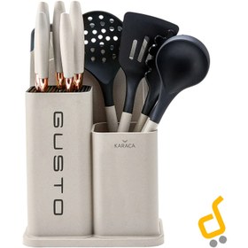 تصویر سرویس چاقو 12پارچه کاراجا مدل Gusto کد7246 Karaca Gusto Black 12 Pieces Knife Serving Cutting Board Set