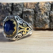 تصویر انگشتر نقره دستساز یاقوت کبود آفریقایی معدنی و مخراج 8 الماس طبیعی {کد:AM.33} 