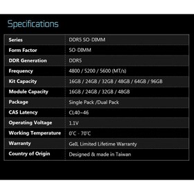 تصویر رم لپ تاپ گیل مدل 32GB 4800MHz CL40 DDR5 Geil 32GB 4800MHz CL40 DDR5 SO-DIMM LAPTOP RAM