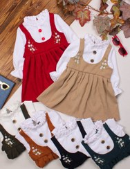 تصویر پیراهن مخمل کبریتی دخترانه گلدوزی شکوفه 