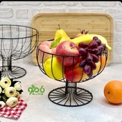 تصویر سبد میوه فلزی پایه دار سبک و شیک ظروف پذیرایی جا میوه مشکی فلزی ظرف میوه خوری جام میوه در پلاسکو دهقان 