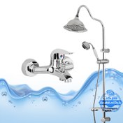 تصویر ست ۲ عددی دوش حمام با علم یونیورست مدل شیپوری و شیر مدل قهرمان | کروم براق | شیرآلات برند آیدا صنعت 