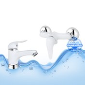 تصویر ست ۲ عددی شیر روشویی و شیر توالت اهرمی | سفید کروم براق | شیرآلات برند آیدا صنعت مدل قهرمان 