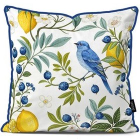 تصویر کوسن پردیس طرح پرنده آبی روی شاخه لیمو و بلوبری 