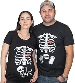 تصویر تی شرت اسکلت حاملگی هالووین زن و شوهر با اشعه ایکس نوزاد سه راهی مردانه برگر فود تی شرت های خنده دار 