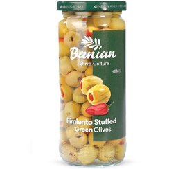 تصویر زیتون سبز با مغز فلفل دلمه ای بانیان وزن 460 گرم 