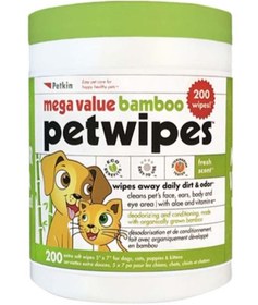 تصویر پدهای پت بامبو با ارزش بالا، 200 عددی، سفید، اندازه 7 در 5 اینچ برند petkin 200-Count Mega Value Bamboo Petwipes White 7 x 5inch