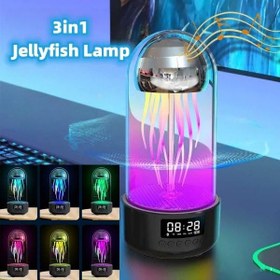 تصویر چراغ خواب و اسپیکر و ساعت عروس دریایی MIXEN Creative 3in1 Colorful Jellyfish Lamp with Clock Luminous Portable Stereo Breathing Light Smart Decoration Bluetooth Speaker, Grey