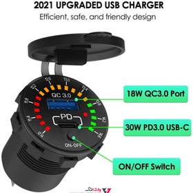 تصویر شارژر USB خودرویی روپنلی گرد QC3.0 + Type-C با کلید ON/OFF و نشانگر ولتاژ 