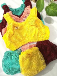 تصویر ست لباس زیر زنانه گیپور طرح گلدار و سوتین دانتل سفید 