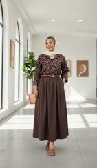 تصویر ست شومیز دامن پلنگی کمربنددار فری سایز۳۶ تا ۴۶ 