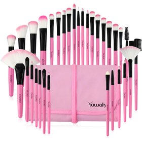 تصویر Yuwaku Pink Makeup Brush Set, 32pcs Premium Synthetic Brushes, Kabuki Foundation Brush Blending Face Powder Blush Concealers Eye Shadows Cosmetic Brushes Kit with Nylon Bag 2-PINK 
