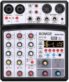 تصویر میکسر صدای ۴ کاناله همراه فانتوم پاور BOMGE 04D portable bluetooth 4 Channel DJ audio sound mixer mixing-ارسال 20 روز کاری 